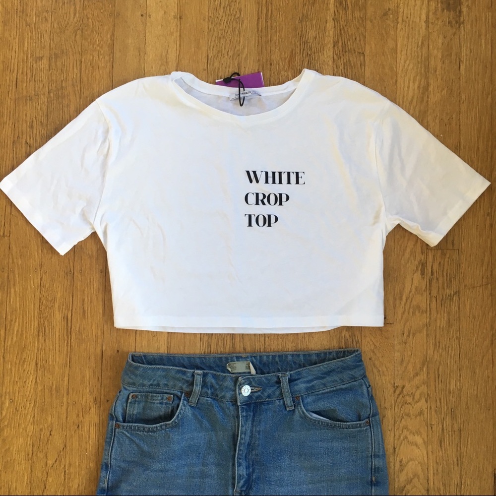 Zara “White Crop Top” cropped t shirt